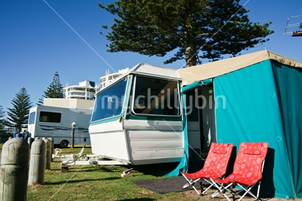 Caravan in camping ground at base of Mount Maunganui. Probably the very best camping ground on the globe in the view of the photographer. Close up.