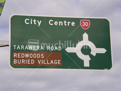 Street Signage for the Redwoods and Buried Village attractions, on entering Rotorua by road from the airport, New Zealand