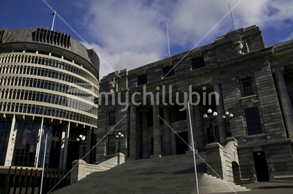 Parliament Building with The Beehive in the background, Wellington, New Zealand