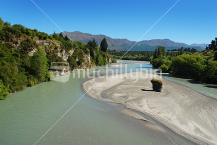 Looking down the Shotover River to Coronet Peak, South Island, New Zealand