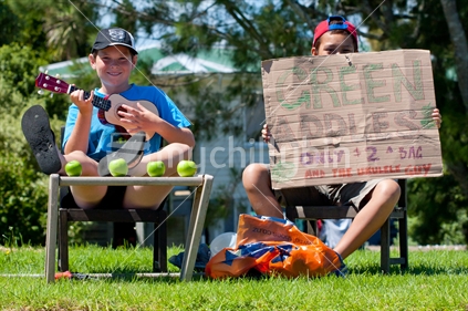Young entrepreneurs selling green apples - $2 for a bag in New Zealand