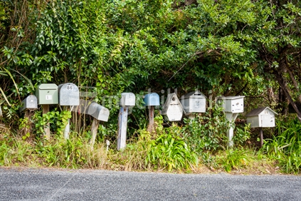 Old mailboxes in a row by the bush