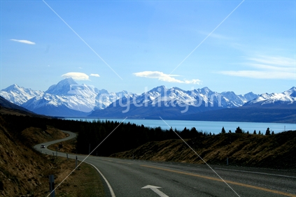 On a very scenic drive along the shores of Lake Pukaki, toward Mount Cook and the Southern Alps, South Island, New Zealand