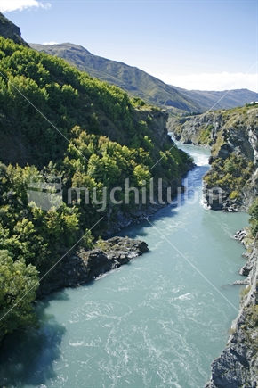 Looking up the Kawarau Gorge river toward Cromwell, Central Otago.