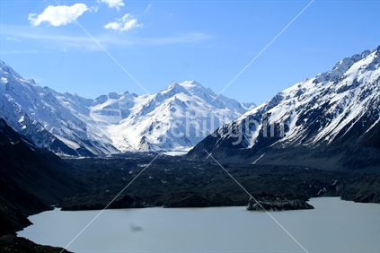From a lookout above the Tasman Glacier looking toward the Southern Alps, South Island, New Zealand