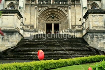 Stairs approaching the front doors to an historic Cathedral in the Octagon, Dunedin
