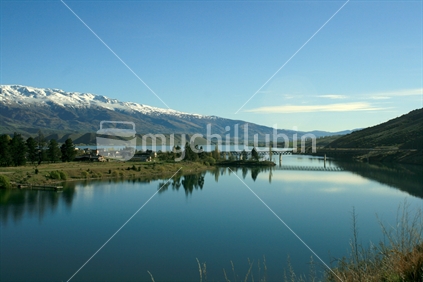 Looking up Lake Dunstan from the main highway, the entry to Cromwell is across the bridge over the lake, New Zealand