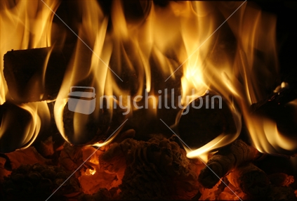 Flames, logs and embers in a logfire. 