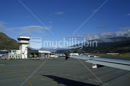 Queenstown airport, Central Otago, from a taxiing plane.