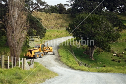 A  yellow grader moving up a gravel road in the country.