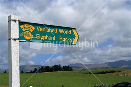 The sign at Elephant Rocks, Duntroon, Waitaki Valley, Otago, South Island, New Zealand