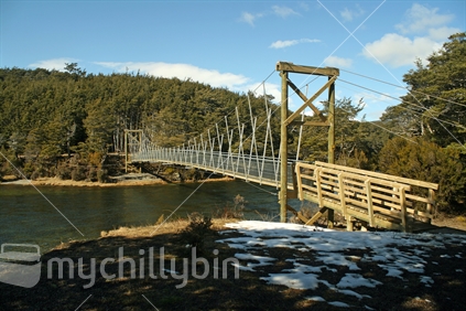 The new suspension bridge, built for Lord of the Rings at Mavora Lakes, Central Otago.