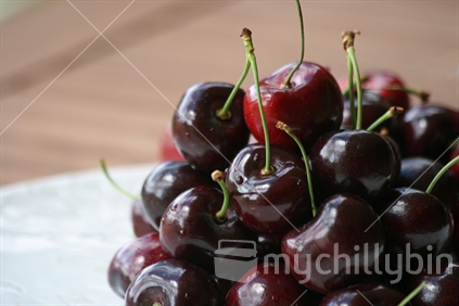 A platter of freshly picked ripe Central Otago cherries.