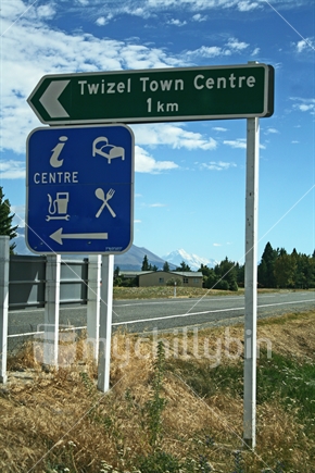 Signage at the turnoff into Twizel, Mackenzie Country.