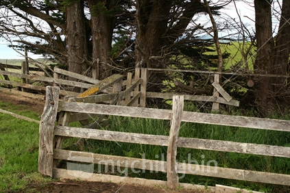 Old wooden lichen covered rails of a farm stockyard.