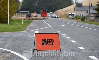 A sign warning of oncoming delays from a mob of sheep being moved on the highway.