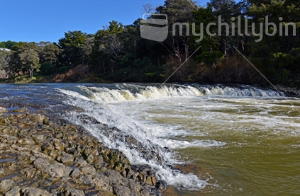 Flood water flowing swiftly over rapids at Lilypond, a popular summer swimming hole in Paihia.