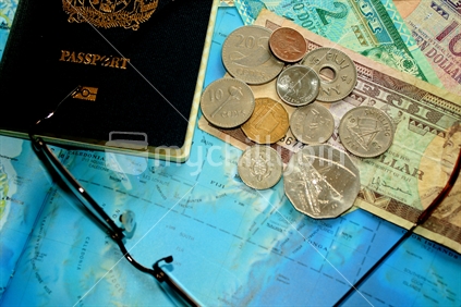 Planning a trip. Passport, foreign notes and coins