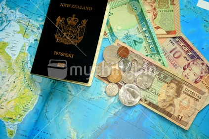 Planning a trip. Passport, foreign notes and coins