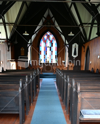 Looking from back to front of the beautiful restored church at Waimate North, Northland. 