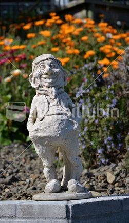 A humurous concrete statue of a gnome, stands guard over a flower garden.