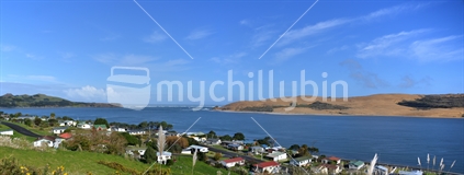Panoramic view of Hokianga Harbour, North and South heads, and famous Opononi Sand hills.