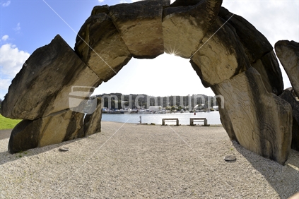 Stone arch sculpture in Central Park Whangarei, overlooking Whangarei Harbour.  