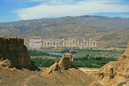 A view of Lake Dunstan from Gold slucings at Bannockburn, Central Otago, New Zealand