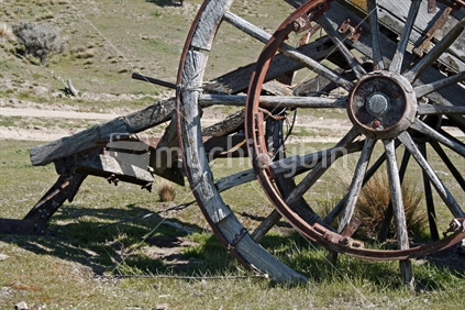 Wooden hub and spokes of an old cart, Central Otago.