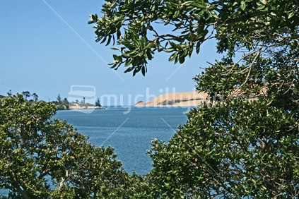 A view of Opononi, home of Opo the dolphin, the famous sandhills and Hokianga harbour, through branches of native pohutukawa trees, foreground focus.