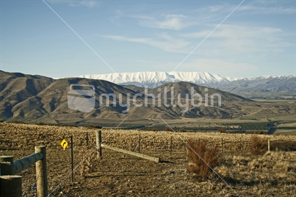 Barren hills of Central Otago with snow covered Hawkden Range in the distance.