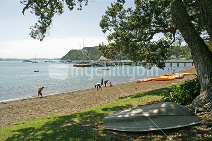 People enjoying the golden sands of Russell Beach, Bay of Islands. (focus grass beyond dingy).