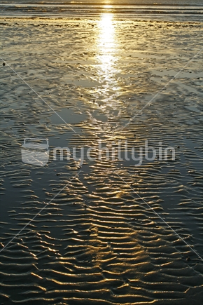 Setting sunlight reflected in the wet sand on the beach at ebb tide