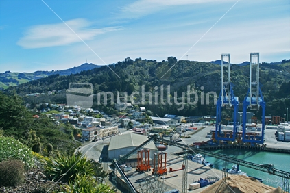 Aerial view of Port Chalmers, Dunedin, Otago, and hills beyond .