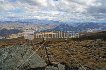 View of Pisa Range, from a high country farm, Central Otago.