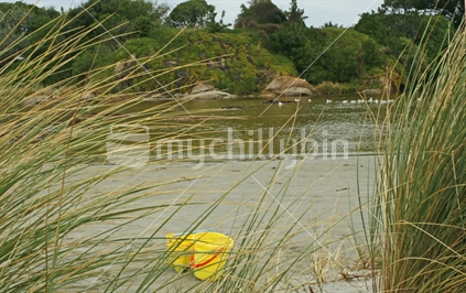 Two yellow buckets abandoned in a tidal estuary. Brighton Beach, Otago, East Coast, South Island.
