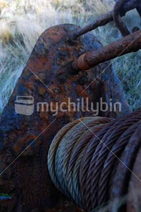 Rusting winch with steel cable