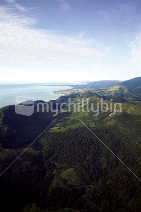 Aerial view over the Kaikoura coast line, South Island, New Zealand.
