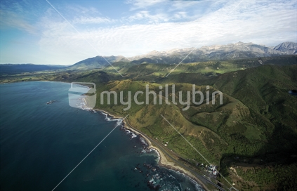 Aerial view over the Kaikoura coast line, South Island, New Zealand.