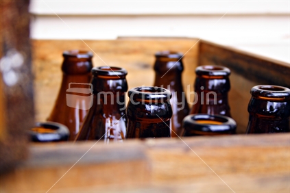 Empty Beer Bottles in a Wooden Crate 