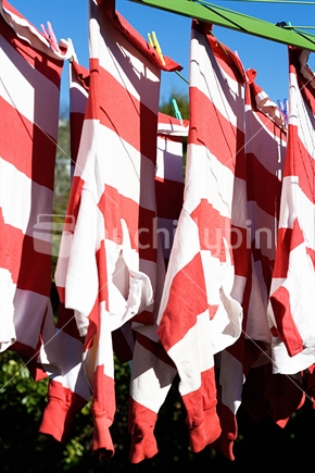 Rows of rugby jerseys on clothes line