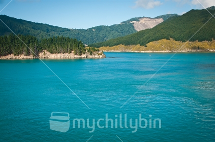 Turquoise water with Oyster Bay in the background, Marlborough Sounds