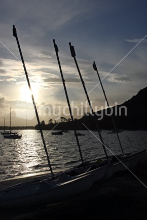 Sunset through yacht masts at Pilot Bay, Mt Maunganui, North Island, New Zealand