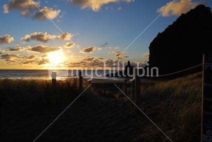 Sunset at Piha Beach, West Coast, Auckland, New Zealand