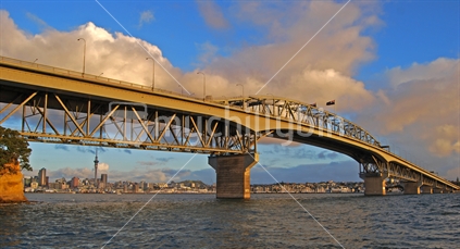 Auckland Harbour Bridge and Sky Line at sunset from Northcote Point 