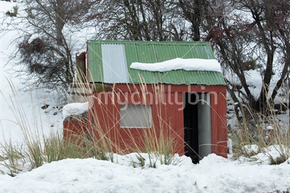 Roadside hut  with snow, Highway 73 , Canterbury