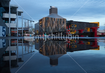 The Auckland Wynyard Quarter including ASB Savings Bank, reflected.
