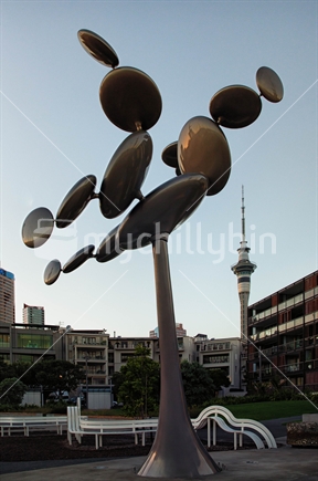 Wynyard Quarter sculpture by Phil Price called Cytoplasm and the Auckland Sky Tower (High ISO)