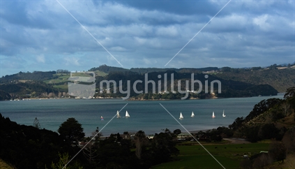 distant view of yachts sailing at Whitianga 