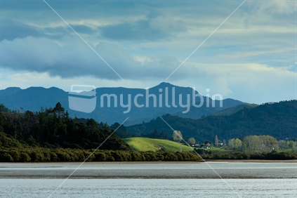 Coromandel water, farmland and distant hills near Whitianga
